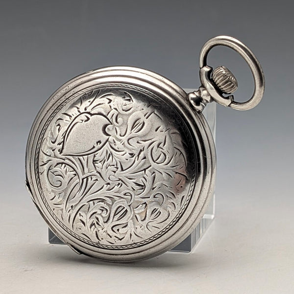 約 1908 年古董浪琴懷錶,帶捲軸雕刻,銀色側面獵人錶殼,工作狀態良好